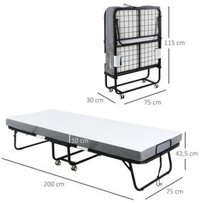 Cama Dobrável 200x75x42,5cm Cama de Campismo Portátil com Colchão Individual Rodas e Travões Carga Máxima 150kg Preta