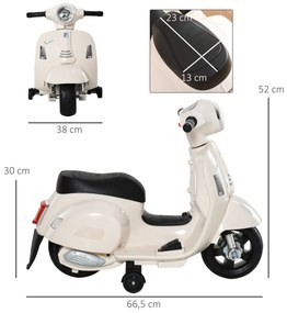 Mota Elétrica Vespa para Crianças com Farol e Buzina 66,5x38x53 cm Branco