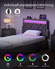 Estrutura de cama em metal 90 x 200 cm (COLCHÃO NÃO INCLUIDO) com iluminação LED nas gavetas e cabeceira cinzento escuro