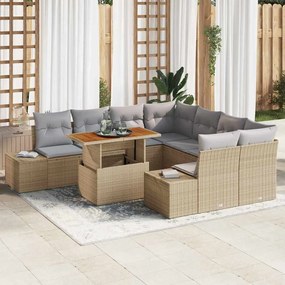 vidaXL Conjunto de Jantar de Jardim de 9 Peças com Almofadas Bege em Rattan Poly e Acácia