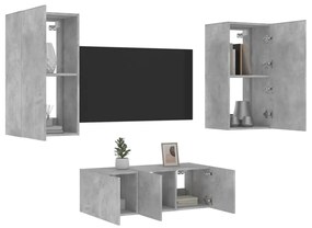 vidaXL 4 pcs móveis parede p/ TV c/ LEDs deriv. madeira cinza cimento