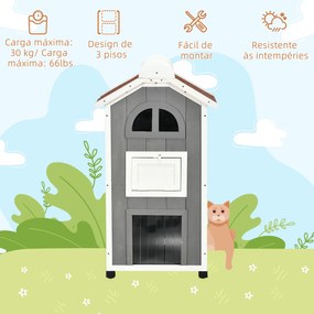 Casa para Gatos de Madeira 59x55x109 cm Abrigo para Gatos de 3 Níveis com Telhado Asfáltico Plataformas Escada e Varanda Cinza