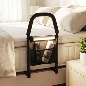 Barreira de cama para idosos 61 x 28 x 52,5 cm com pega de segurança, luz com sensor de movimento e bolso; barreira anti-queda preta