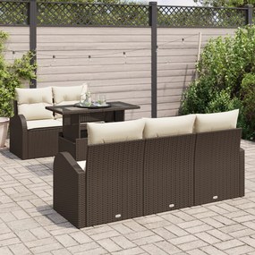 Conjunto de Sofá de Jardim de 6 Peças com Almofadas em Vime Castanho P