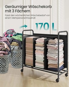 Cesto da roupa suja 170 L com rodas e 3 compartimentos Preto