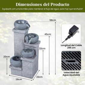 Fonte de Cascata de 4 Níveis, 28 x 22 x 58 cm, com Luz LED, Cinzento