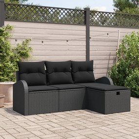 Conjunto de Sofá de Jardim de 4 Peças com Almofadas Preto Vime Poliést