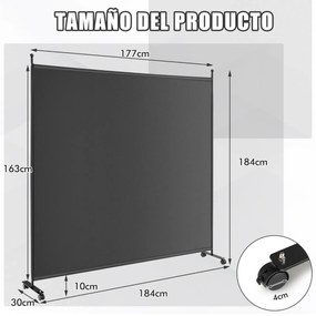 Biombo Separador de ambientes para privacidade da divisória com painel único com seções transversais 184 x 30 x 184 cm Cinzento