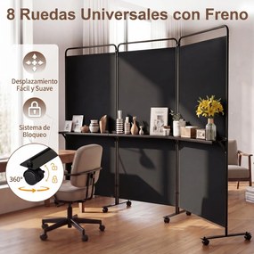 Biombo Dobrável de 3 Painéis, 259 x 44 x 188 cm, Com Rodas Bloqueáveis, Preto