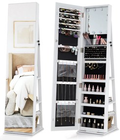 Armário giratório de 360° para joias com espelho de corpo inteiro 43 x 38 x 160 cm e prateleiras Espelho de maquilhagem Branco