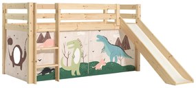 Cama alta de Criança PINO 90 x 200 cm + estrado + escada + escorrega + cortina Dinossauros Natural