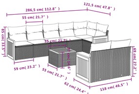 9 pcs conjunto de sofás p/ jardim c/ almofadões vime PE preto