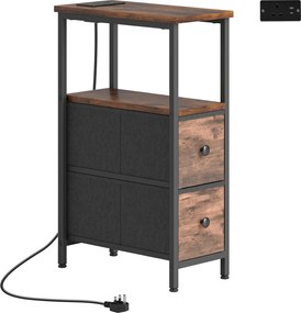 HOMCOM Mesa lateral com estação de carregamento, estrutura de aço, 2 gavetas de tecido, compartimento aberto, 20cm x 40cm x 63cm, Castanho-Rústico | Aosom Portugal