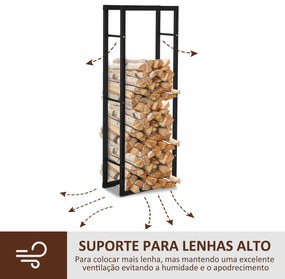 Suporte para Lenha de Metal Porta Lenha Metálico para Interior e Exterior Carga Máxima 100 kg 60x25x150 cm Preto