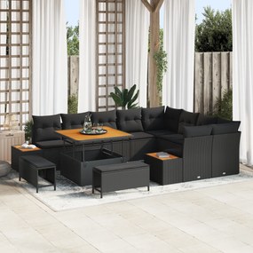 Conjunto de Sofás de Jardim de 12 Peças com Almofadas em Rattan Polipropileno Preto Acácia