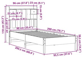 Cama com estante sem colchão 90x200cm pinho maciço castanho-mel
