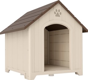 Casota para Cães Exterior Extragrande em Plástico com 2 Janelas, Base Elevada e Estacas Bege