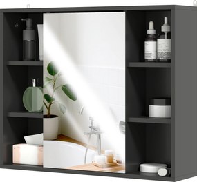 Móvel de casa de banho parede com espelho 60 x 14,5 x 49,4 cm, armário com portas e 6 compartimentos abertos, preto