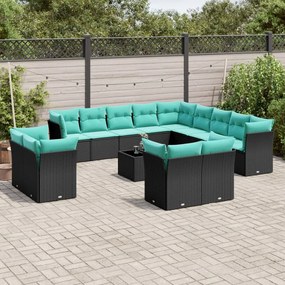 vidaXL 14 pcs conjunto de sofás p/ jardim c/ almofadões vime PE preto