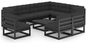 10 pcs conjunto longue jardim c/ almofadões pinho maciço preto