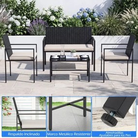 Conjunto de jardim de 4 peças em rattan para exterior: cadeiras, sofá, mesa de centro em vidro temperado e almofadas macias; ideal para jardim, alpend