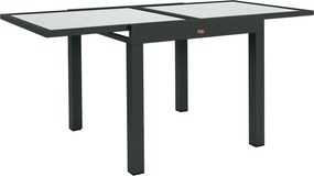 Mesa de jardim extensível dimensões quando aberta: 160 x 80 x 75 cm; estrutura em alumínio; tampo em vidro temperado transparente
