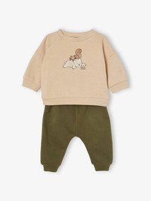 Conjunto sweat e calças em moletão, para bebé verde escuro liso com motivo
