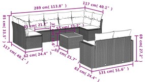 10 pcs conjunto sofás de jardim c/ almofadões vime PE preto