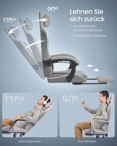 Cadeira ergonómica gaming/escritório com apoio para os pés e almofada de molas cinzenta