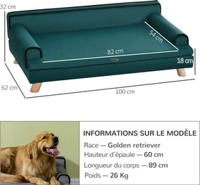 Sofá para cães e gatos, almofada macia removível e pés em madeira maciça, 100 x 62 x 32 cm, azul
