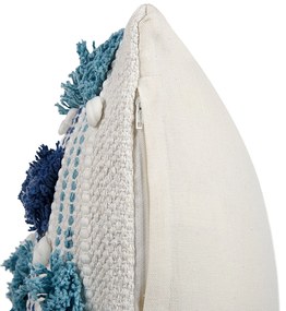 Conjunto de 2 almofadas decorativas em algodão branco e azul com borlas 45 x 45 cm DATURA Beliani