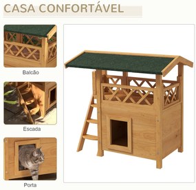 PawHut Casa para Gatos de Madeira 77x50x73 cm Casa para Gatos com 2 Ní