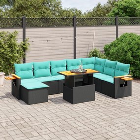 vidaXL 9 pcs conjunto de sofás p/ jardim c/ almofadões vime PE preto