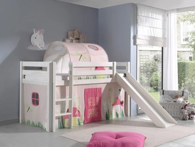Conjunto Cama alta de Criança PINO 90 x 200 cm + estrado + escada + escorrega + cortina + túnel Primavera branca