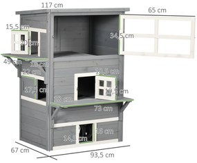 PawHut Casa para Gatos de Madeira Exterior Casa Grande para Gatos de 3 Andares com Múltiplas Entradas Janelas e 2 Plataformas para Terraço Balcão Jardim 98x68,5x122cm Cinza