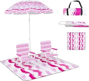 Conjunto de guarda-sol de praia com 2 cadeiras dobráveis e manta de piquenique para exterior com mecanismo de inclinação Rosa