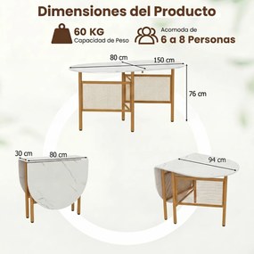 Mesa de jantar dobrável oval com abas rebatíveis para 6-8 pessoas, 150 x 80 x 76 cm, com pés metálicos, estilo moderno, em imitação mármore branco e d