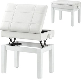 Banco de piano com baú integrado, altura ajustável, em madeira de seringueira, assento com revestimento sintético branco