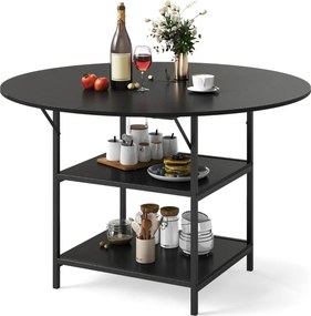 Mesa de Jantar Redonda 120 CM para 4-6 Pessoas de Cozinha Estilo Rústico com Estante Aberta de 2 Níveis Estrutura Metálica Preta