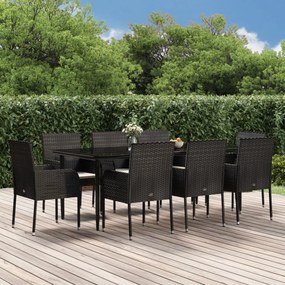 vidaXL 9 pcs conjunto de jantar p/ jardim c/ almofadões vime PE preto