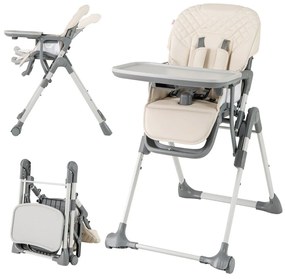 Cadeira alta Refeição dobrável para bebés e crianças pequenas ajustável com apoio para os pés Almofada de assento em PU fácil de limpar Bege