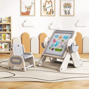 Conjunto de mesa e cadeira para crianças 6 em 1 Multi-atividade Cavalete dobrável para crianças com superfície reversível e ranhura Cinzento