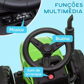 Trator Elétrico com Reboque Amovível com Controlo Remoto Música MP3 Luzes e Cinto de Segurança 136,5x50x52,5 cm Verde