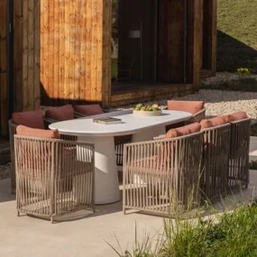 Conjunto De Mesa Oval 220x95 Cm Em Cimento Noemi E 8 Cadeiras De Jardim Sophie Com Braços De Alumínio E Corda Trançada Vermelho Argila - Sklum
