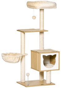 PawHut Árvore Arranhador para Gatos com Plataforma Rede Caverna Cama Postes de Sisal e Bolas de Brincar 48x40x126 cm Bege