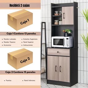 Armário de cozinha alto 60 x 40 x 180 cm, com 2 portas e gaveta, prateleiras ajustáveis e orifício para cabos, espaço para micro-ondas, Preto e castan