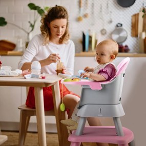 Cadeira alta refeições de bebé conversível 6 em 1 conjunto de mesa e cadeira para crianças com bandeja almofada removível 58 x 58 x 98 cm Rosa