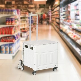 Carrinho de compras dobrável com pega telescópica ajustável e tampa, capacidade máxima de 80 kg, branco