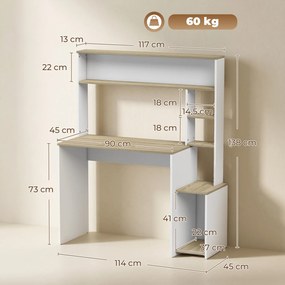 Secretária para computador, 114 x 45 x 138 cm, secretária com arrumação, prateleiras abertas e suporte para o computador, branco e natural