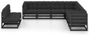 9pcs conjunto longue de jardim c/ almofadões pinho maciço preto